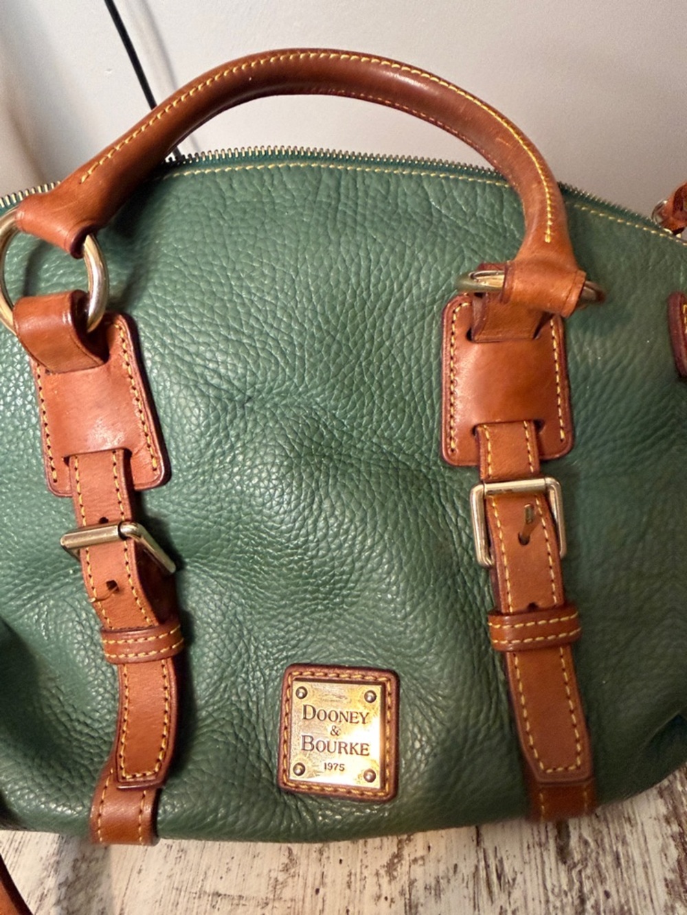 Dooney & Bourke Green Pebble Leather Satchel with Brown Trim and Tassel - Picture 9 of 9